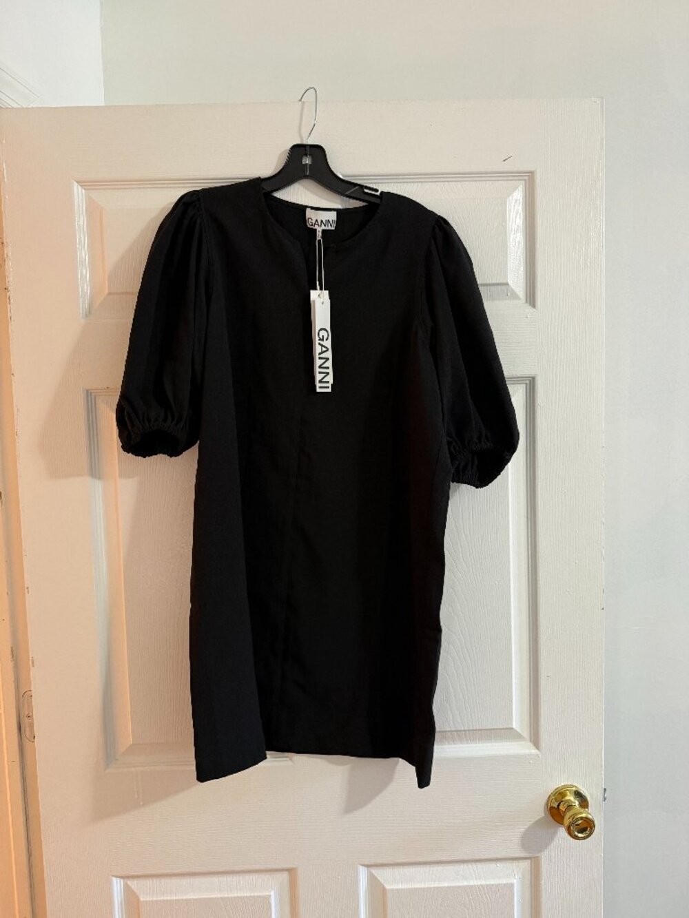 Ganni Crepe Balloon Sleeve Black Mini Dress - new with tags